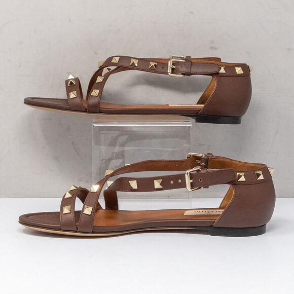 Valentino Garavani Brown Rockstud Crisscross Flat Sandals, Size 36.5 EU (6.5 US) - Picture 3 of 6